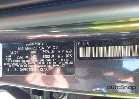 2025 Kia K4 Lxs from USA, damaged, VIN 3KPFT4DE8SE137003